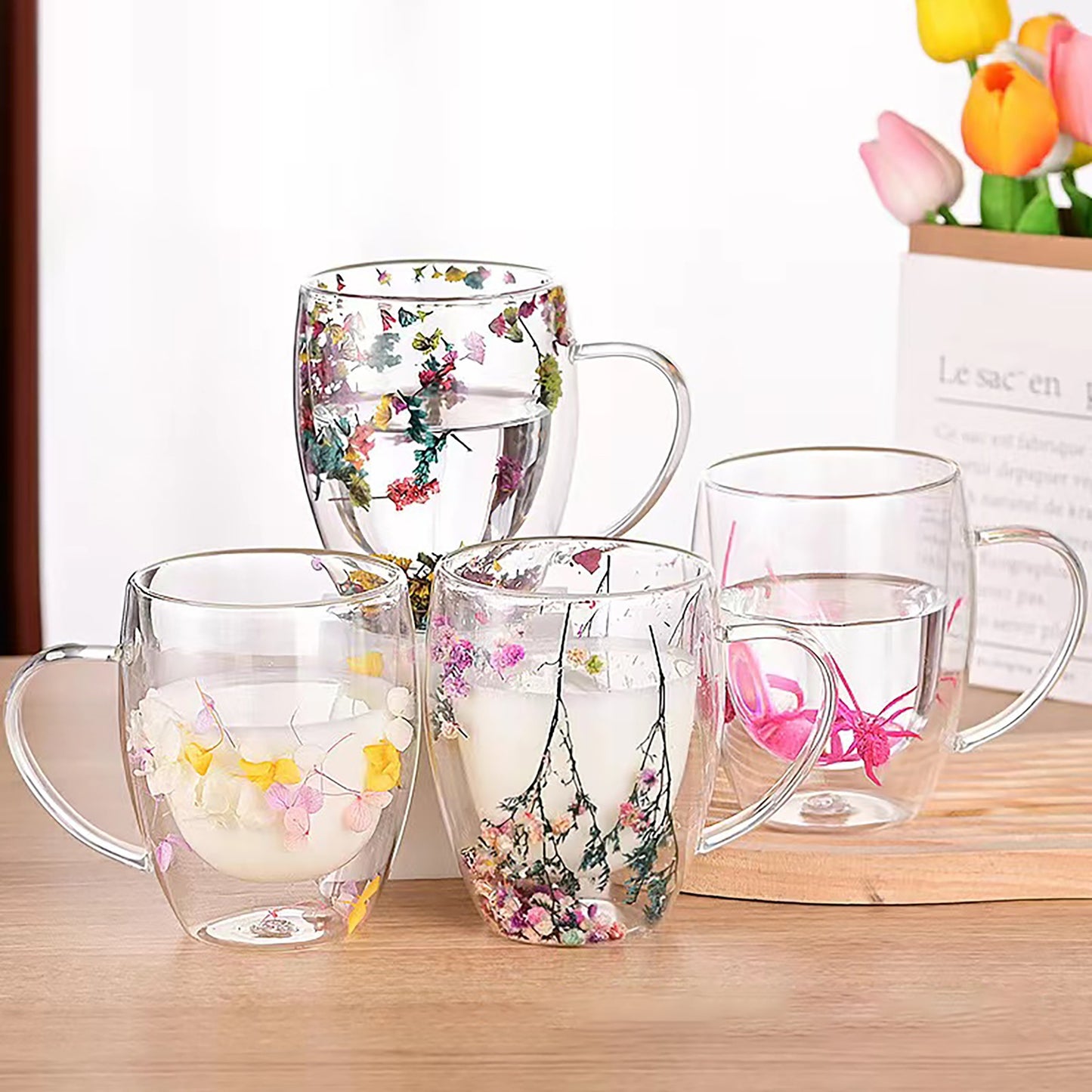 1pc Elegant Double-Walled Glass Coffee Mug with Dried Flower Detail - Thermal Insulated Drinkware for All Seasons - Ideal Birthday Present