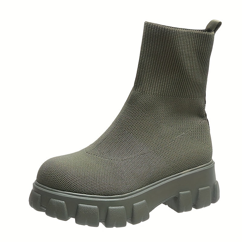 Women's Thick-soled Short Boots, Knitted Round Toe Shoes, Women Shoes
