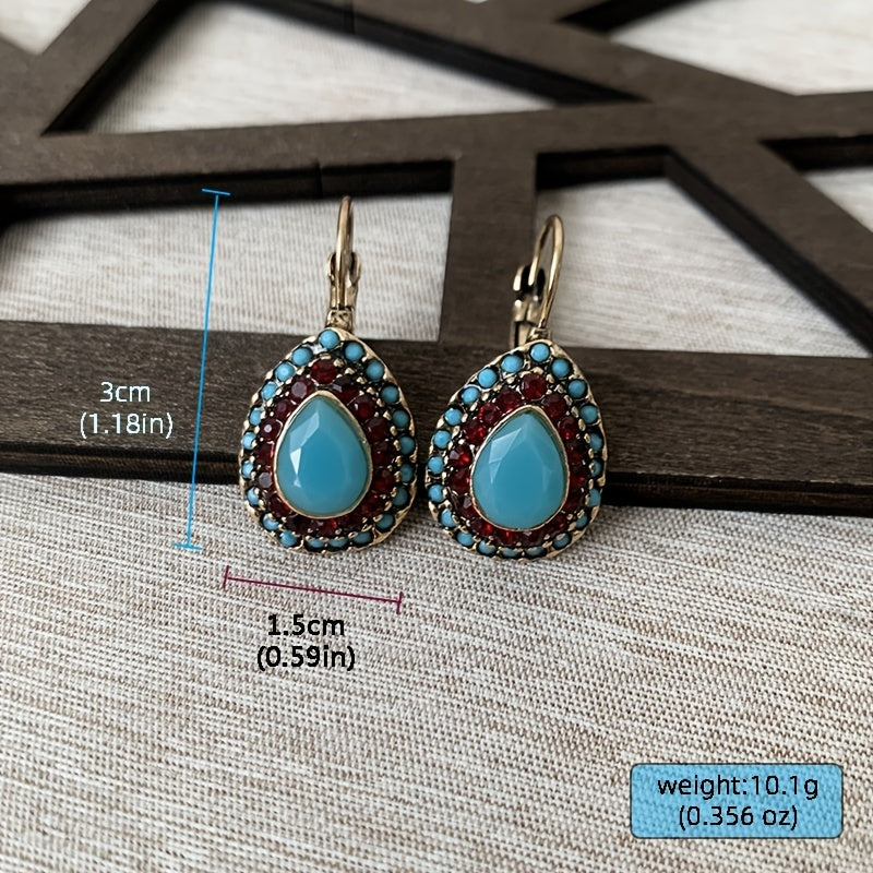 Classic Teardrop Resin Earrings for Women, Vintage Artificial Turquoise Rhinestone Hook Earrings, Gift for Loved Ones and Friends, Birthday Party Gift