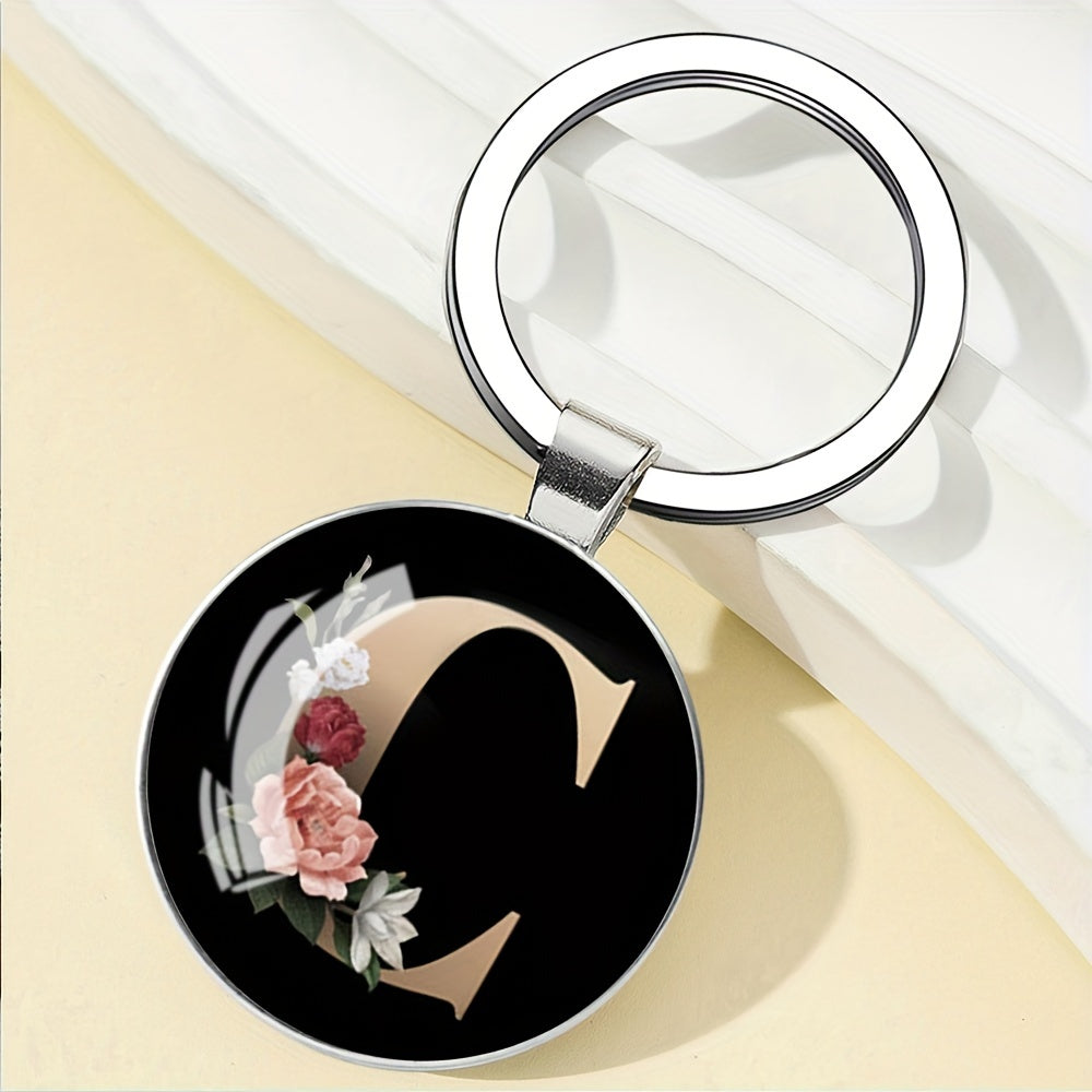 1pc Elegant Floral Alphabet Glass Keychain, Round Character-Themed Alloy Keyring, Romantic Collegiate Style Accessory, Ideal for Birthday, Anniversary, Graduation, Bridal Shower Gifts, and Festive Occasions - Christmas, Hallo