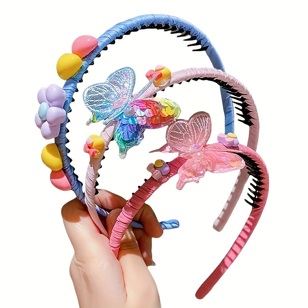 LEMON LOVEO 3pcs Sweet Butterfly & Flower Hairbands - Non-Slip, Colorful Resin & Fabric, All-Season Versatility for Girls