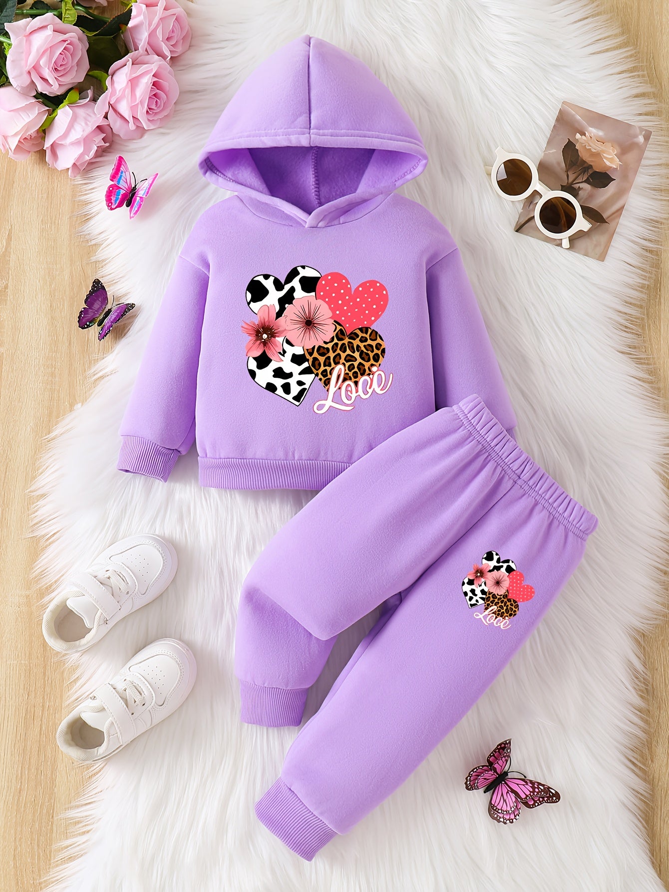 Baby Girl Love Love Flower Pattern Hoodie+Casual Pants Two Piece Set Spring and Autumn Sportswear, Perfect for Outdoor