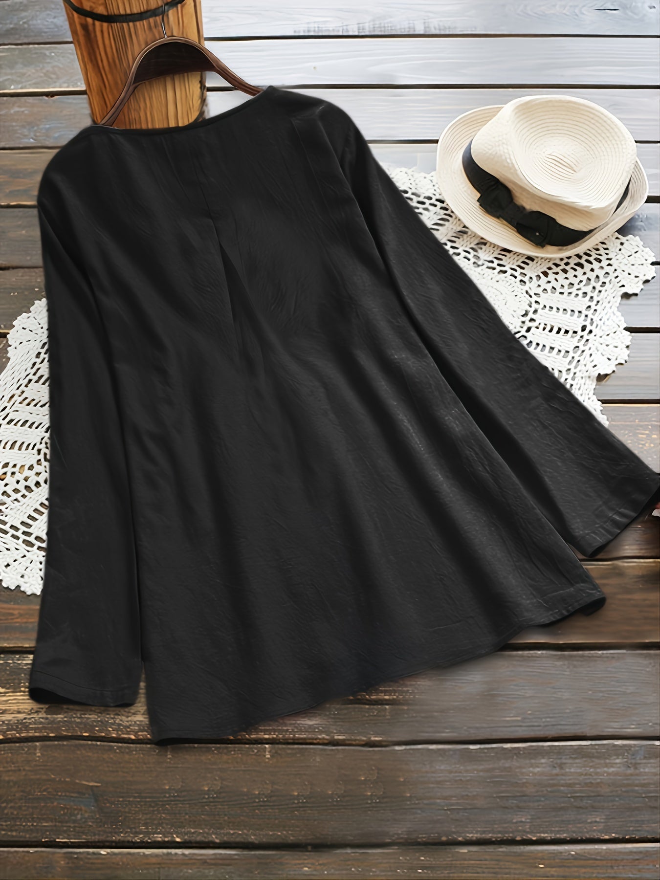 Plus Size - Plus Size Women'S Long Sleeve Loose Fit Round Neck Blouse - Light Green Pleated Casual Shirt with Button Details, Non-Stretch Fabric, Perfect for Spring/Fall, Ladies Blouses