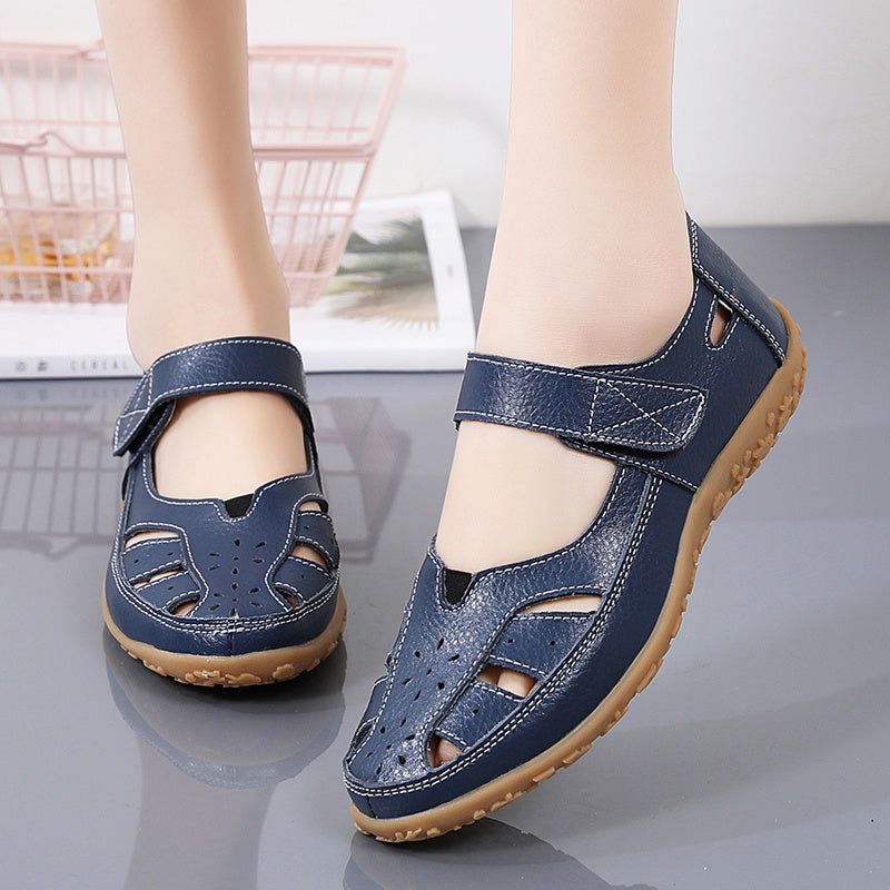 Soft Sole Women's Cut-out Flat Sandals, Non Slip Closed Toe Casual Walking Shoes with Hook & Loop