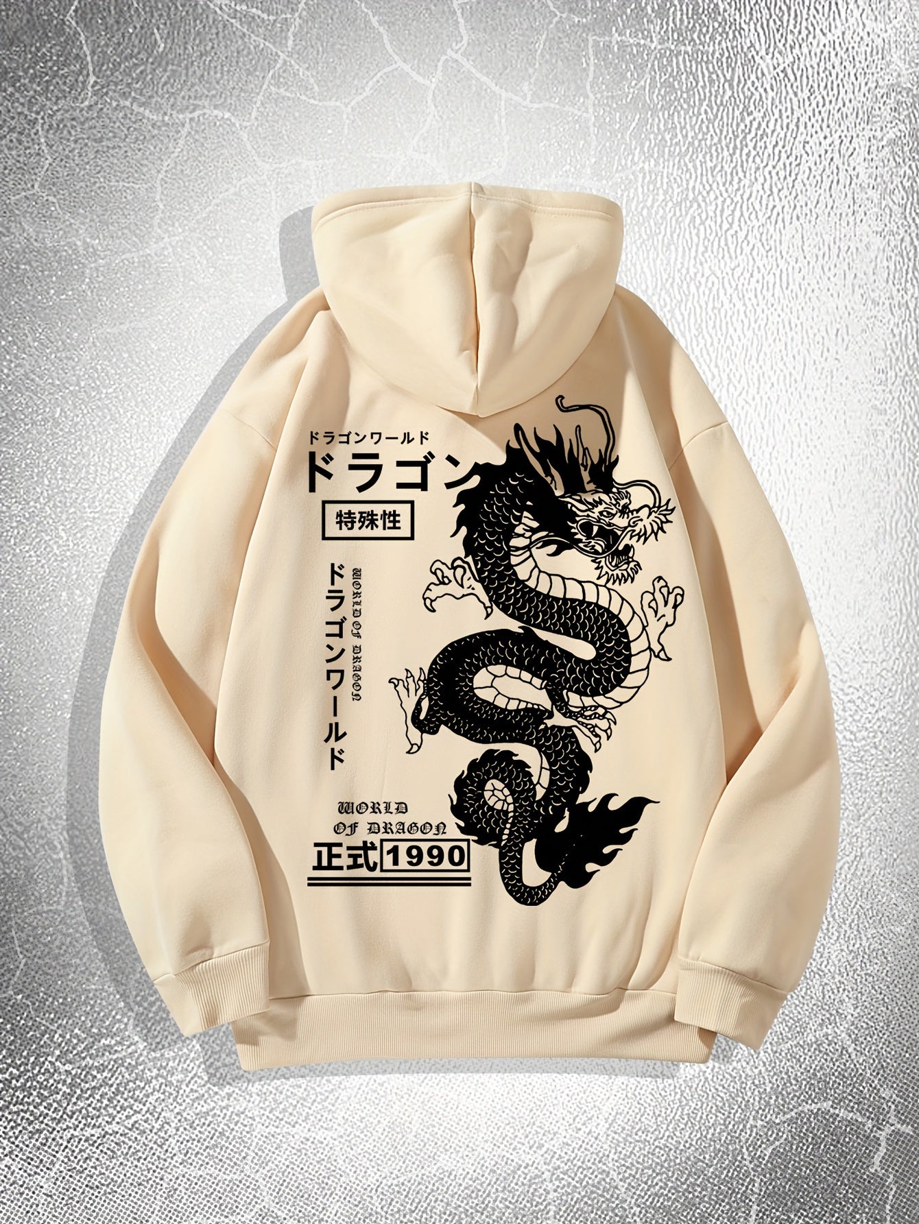 [Dragon Print Hoodie] White Polyester Dragon Print Hoodie - Casual & Trendy, Long Sleeves, Drawstring Hood - Streetwear Style