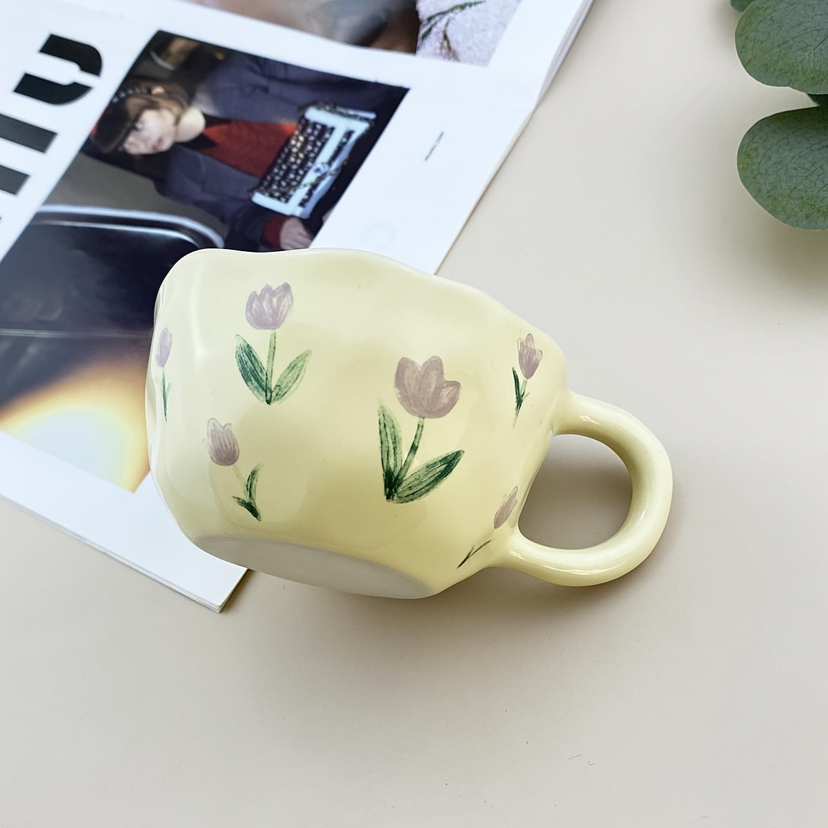 1pc Flowers Pattern Ceramic Mug Coffee Cup Irregular Flower Milk Tea Cup Korean Style Oatmeal Breakfast Mug Drinkware