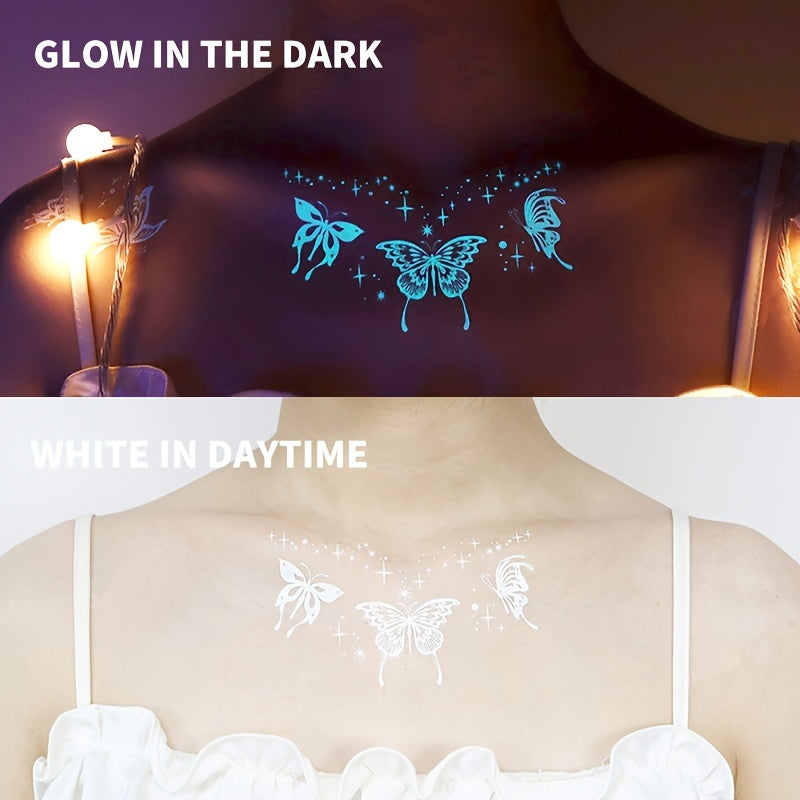 4 Sheets Glow-in-the-Dark Tattoo Stickers - Moon, Stars, Butterfly & Flower Designs for Women & Girls, Luminous Face & Body Art for Weddings, Nightclubs, Music Festivals & Parties, Gift for Eld, Gift for Ramadan