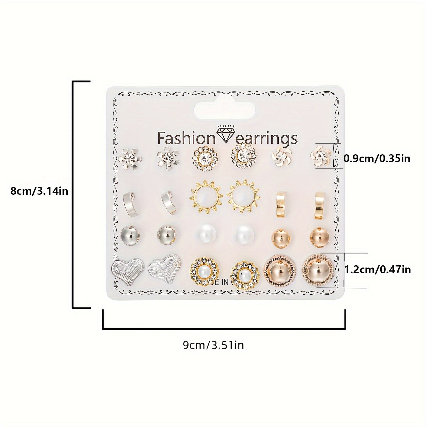 12Pairs/Set Flower Faux Pearl Heart Strawberry Stud Earrings Set, Simple Golden Earrings For Girls, Daily Week Earrings Set, Ideal choice for Gifts