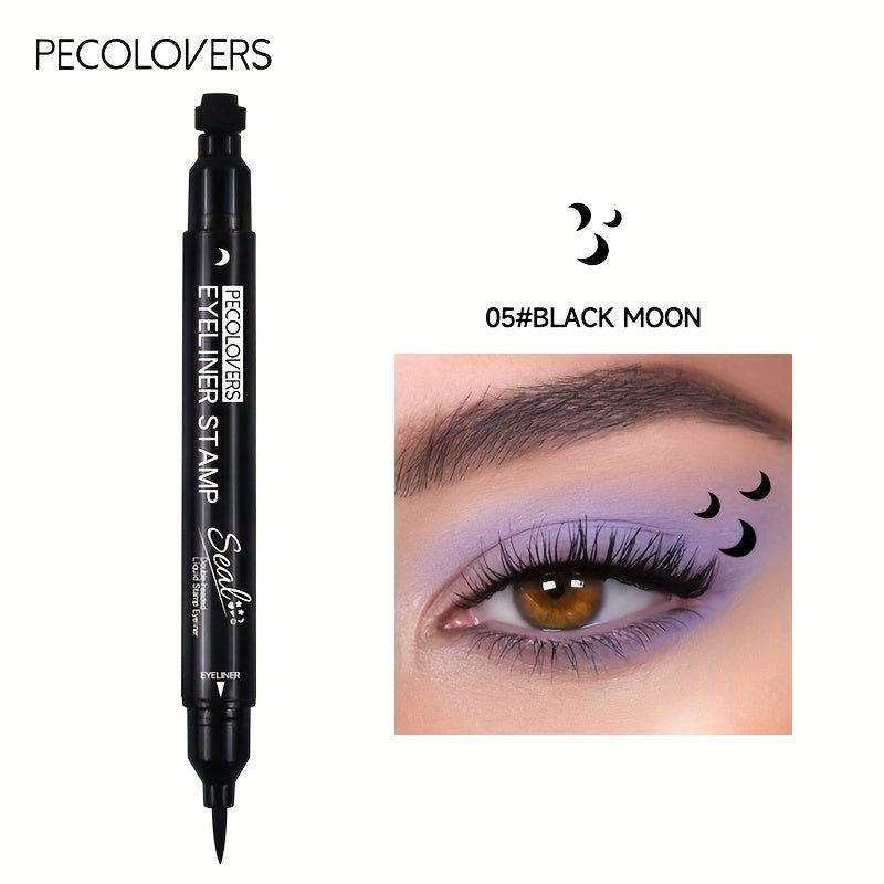 PECOLORVERS 2 in 1 Waterproof Black Liquid Eyeliner & Stamp Set - Alcohol Free, Quick-Drying Eye Makeup with Star, Moon, Heart, Flower Stamps