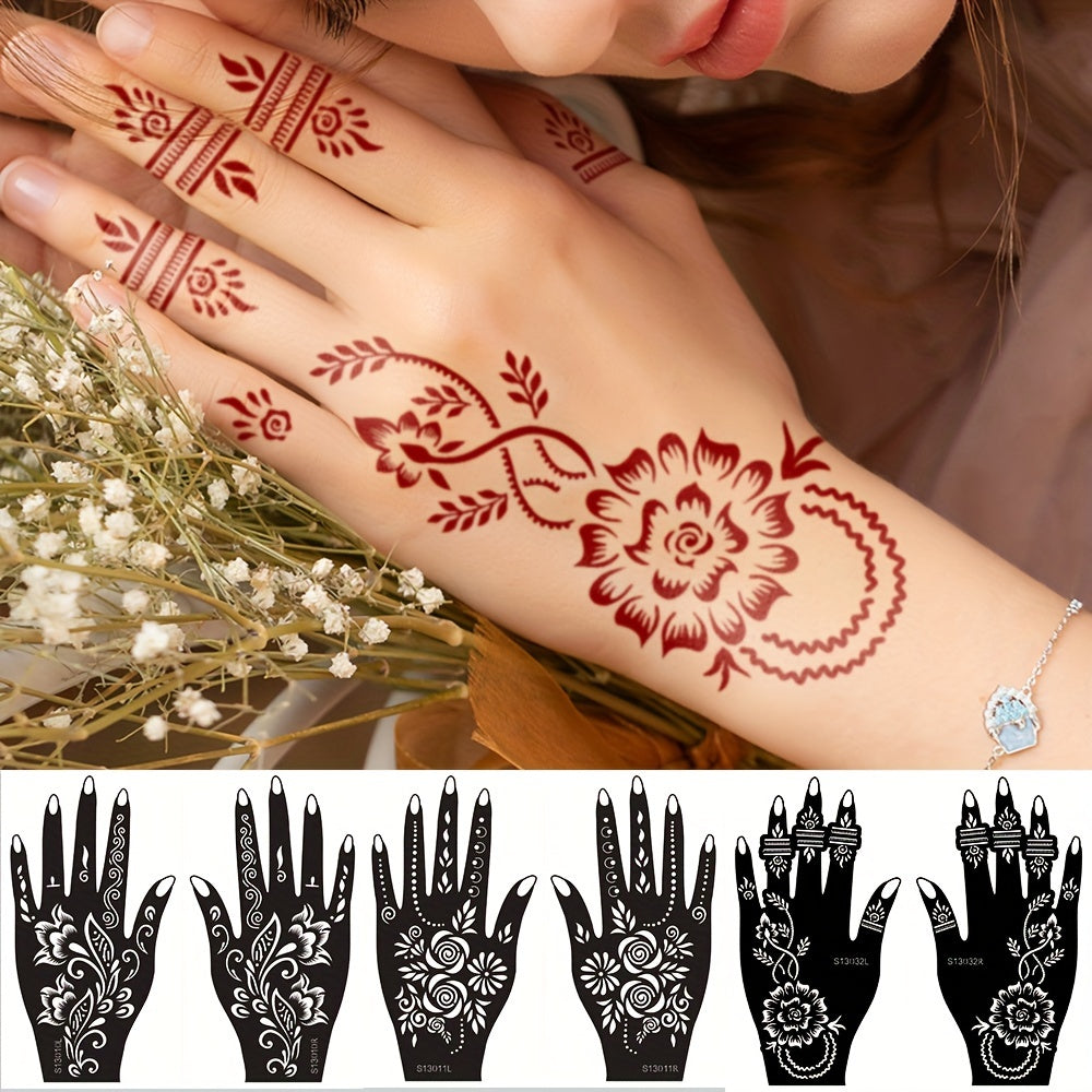 6 Sheets Good Quality Flower Pattern Henna Tattoo Stencil Stickers Color Painting Temporary Hand Tattoo Template Glitter Painting Hollow Stickers for Body Art Makeup Mehndi Designs