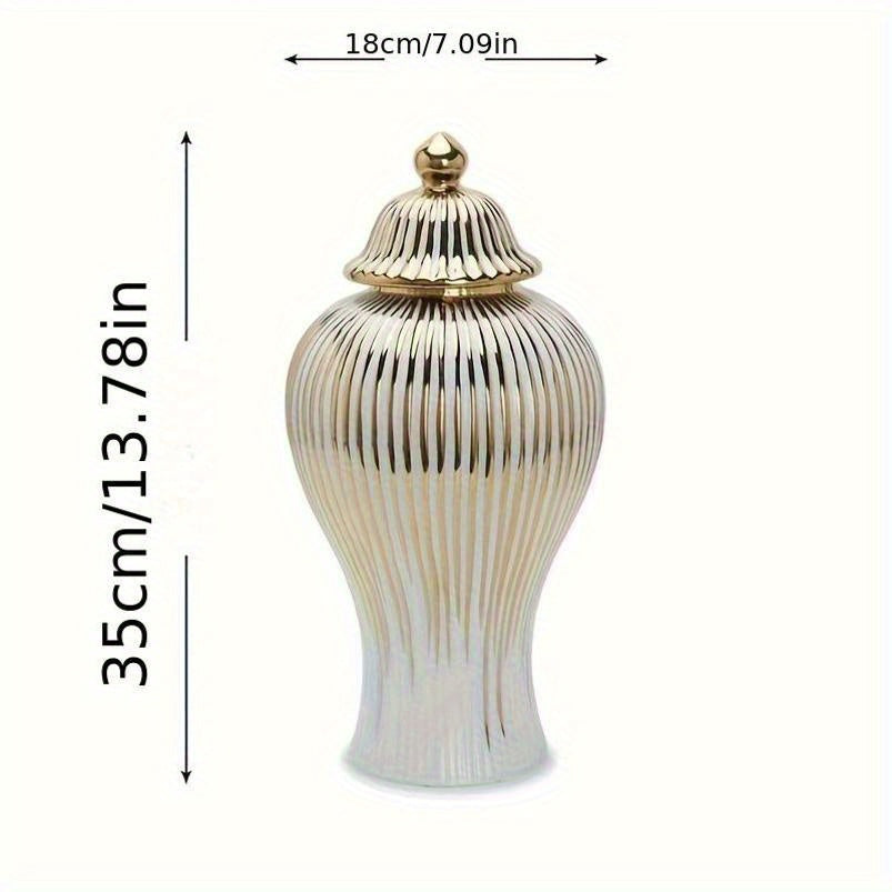Elegant Ceramic Vase with Gold-Plated Trim - Striped Design for Home Decor, Perfect for Living Room & Entryway