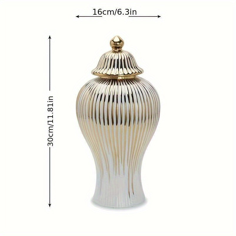 Elegant Ceramic Vase with Gold-Plated Trim - Striped Design for Home Decor, Perfect for Living Room & Entryway