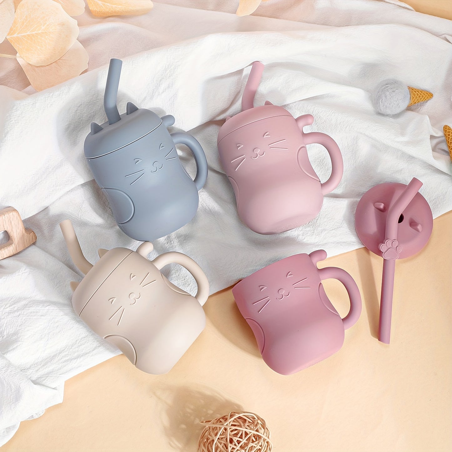 TYRY.HU Baby Learning Cup with Straw & Lid - Leak-Proof Soft Silicone Training Cup Suitable for, Feeding, Lid & Straw, Cute Cat, Easy to Clean, (4 Colors: ///)