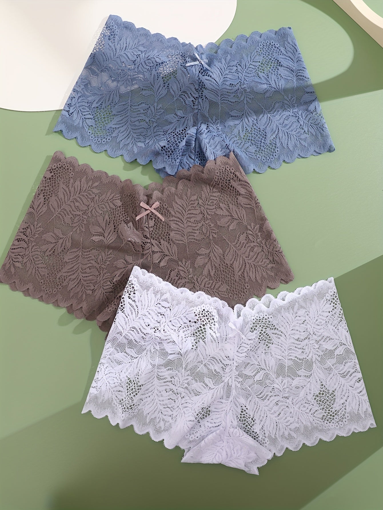 3pcs FINETOO Women's Sexy Low-Rise Lace Boyshort Panties - Breathable, Stretchy Nylon Blend with Floral Pattern, Scalloped Trim in Black, White, & Pinkish-Beige