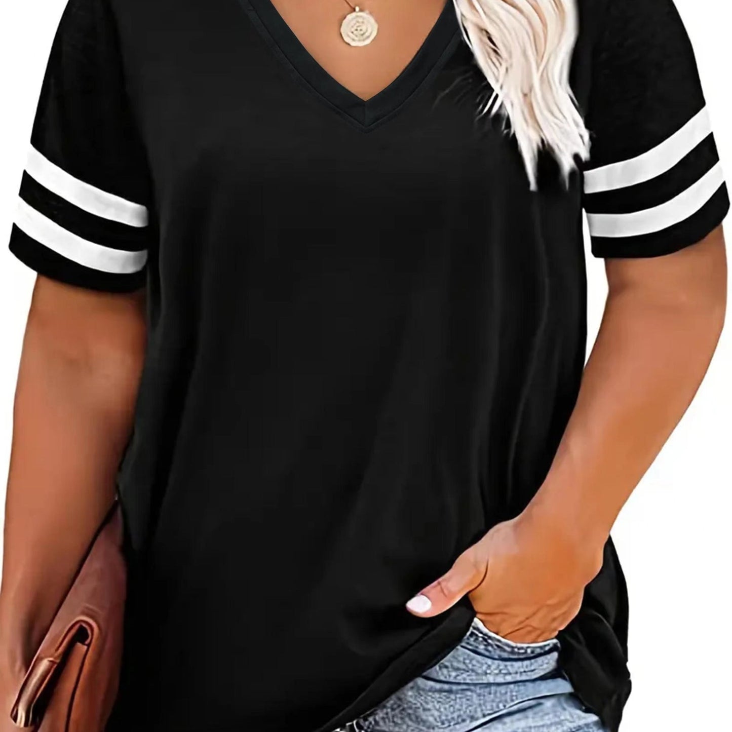 Plus Size Women's V-Neck Short Sleeve T-Shirt - Lightweight Stretchy Summer Tee with Random Print, Loose Casual Fit, Machine Washable, Sizes XL-5XL for Everyday & Office Wear, Versatile Clothing, Striped Print Shirt, Soft Fab