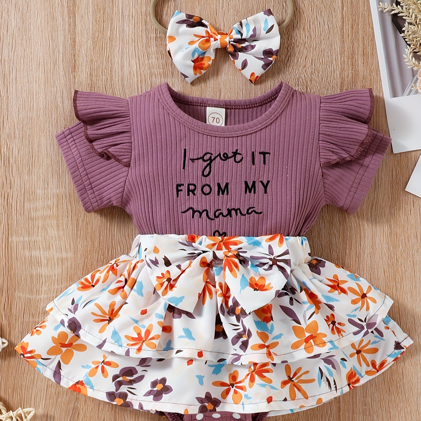 Baby Girls Spring Summer New Floral Skirt Swing Short Sleeve Romper Puffer Coat + Bow Headband Set, Suitable For Outdoor Wear