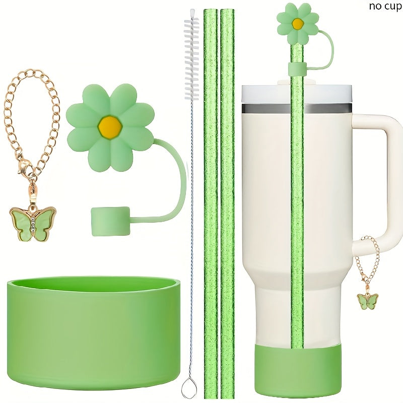 6pcs Cup Accessories Set for 40oz/30oz Tumbler, Include Glitter Straw and Brush, Flower Straw Cover Cap, Silicone Boot, Butterfly Charm Chain, Perfect for Outdoor Sport, Ideal Valentine's Day Gift, Mother's Day Gift