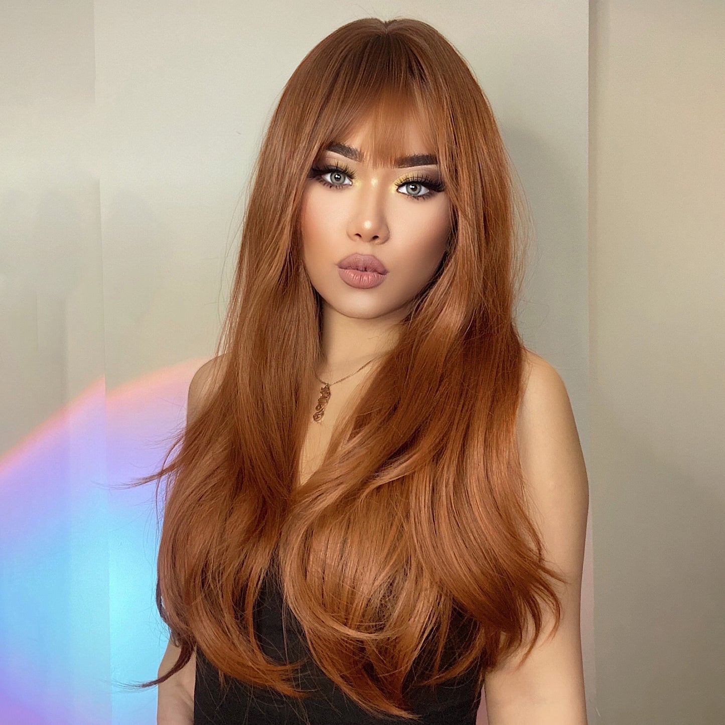 Ombre Copper Brown Ginger Wig with Bangs - Natural Straight Synthetic Hair Wig for Women - Realistic Looking Wig - 55.88 cm Music Festival