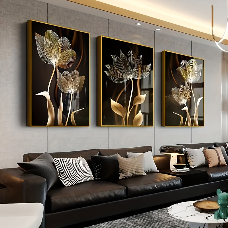 Golden Flower Canvas Art Trio - 3pc Elegant, Versatile Wall Decor Set, Frameless Luxury Prints for Every Room