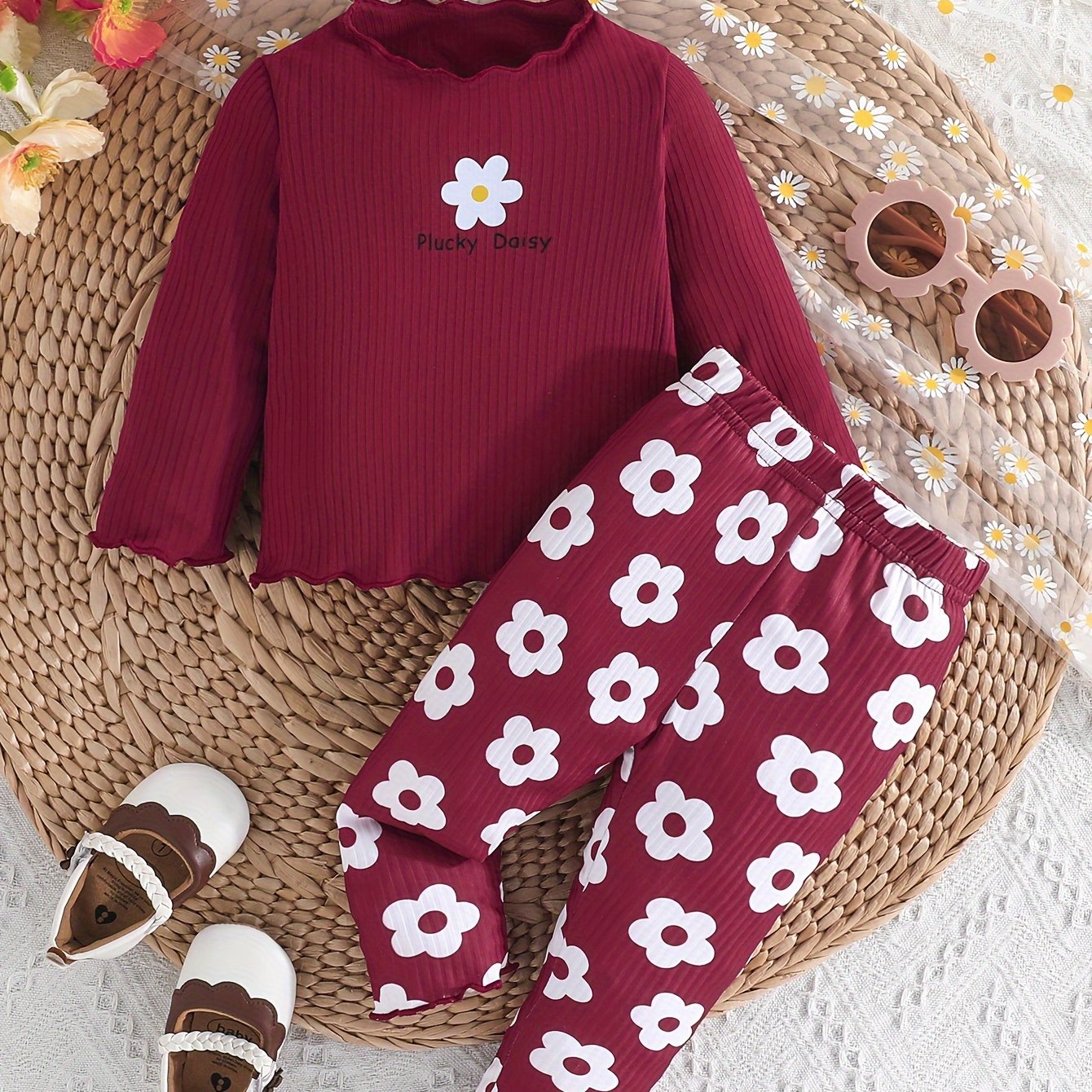 2-piece Baby's Flower Print Ribbed Long Sleeve Top + Casual Pants, Toddler & Infant Girl's Clothing Set Outdoor