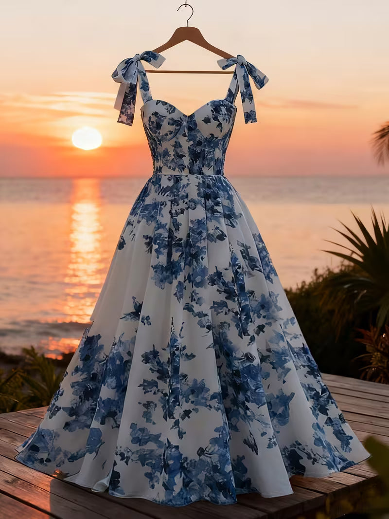 Floral Print Shoulder Tie Waistline Women's Elegant Vacation Dress