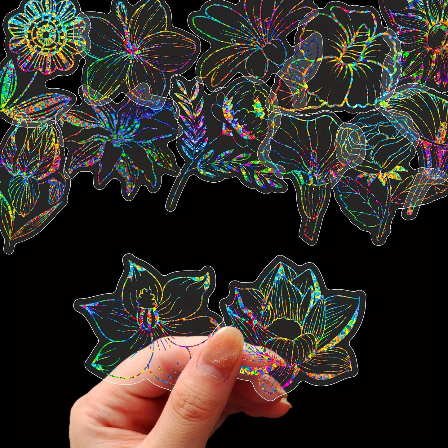 100pcs Laser-Cut Flower & Leaf Stickers - Iridescent Multicolor (UV Glow) Plastic Sheets for Journals, Scrapbooking, DIY Crafts, Laptops, Helmets - Irregular Flower Petals & Foliage Decals for &
