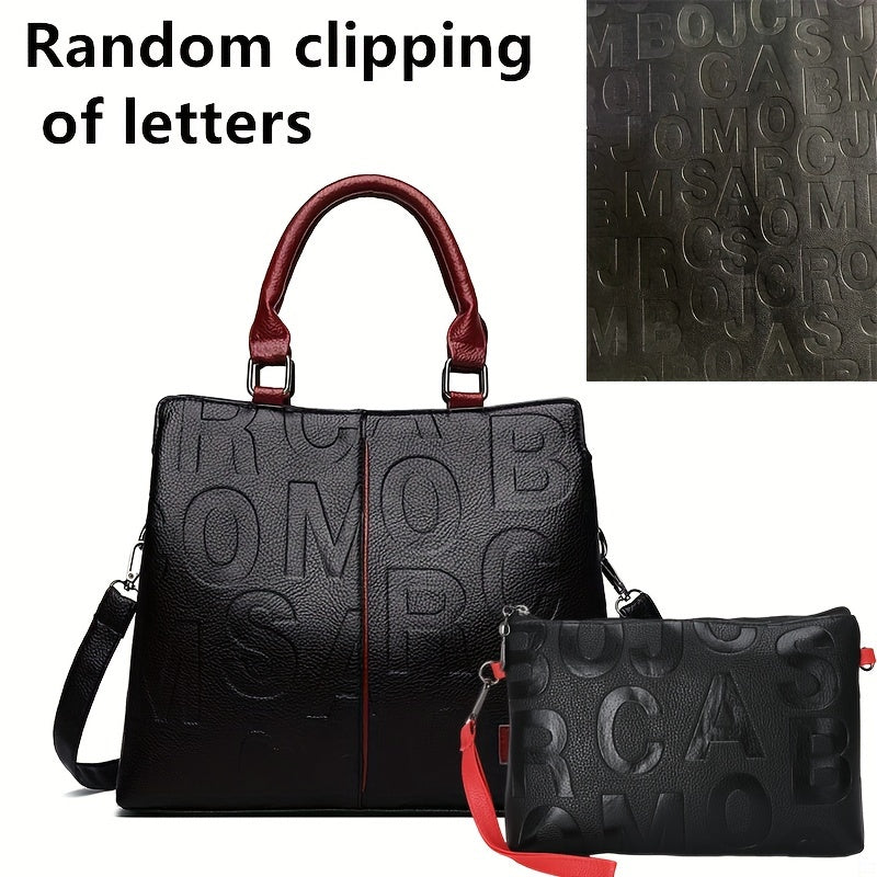 Chic Solid Color Letter-Embossed Handbag – Versatile, Foldable, Secure Zip & Removable Strap, Polyester-Lined for Daily Elegance (8.4x8.6x3.5) Inch