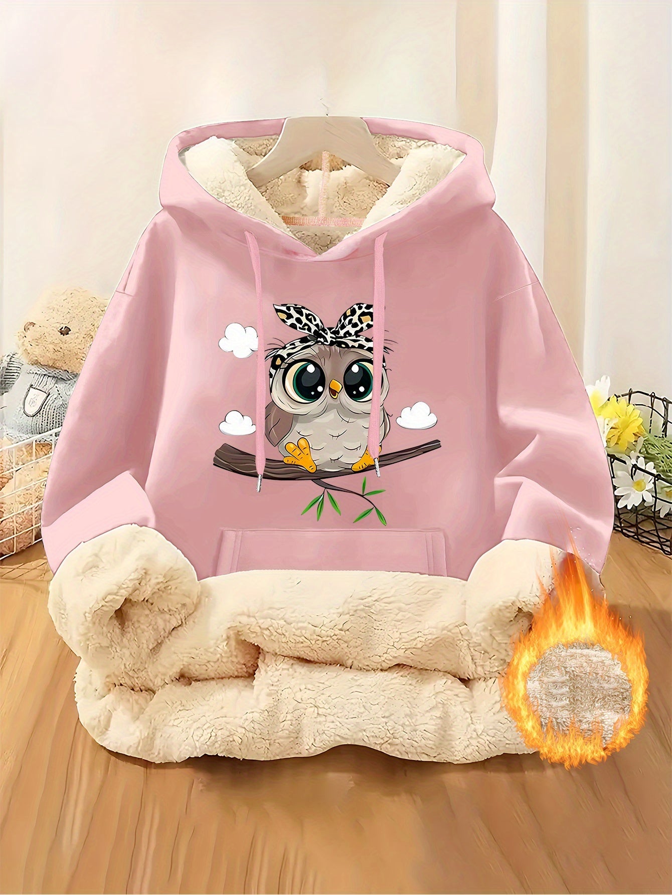 Women's Highland Cow Print Fleece Hooded Sweater - Thickened Winter Warmth, Cozy Plush Lining, Casual Retro Pullover with Pocket, Pink Scottish Cow Design, Sizes XS-XXL (Machine Washable) for Spring, Fall & Winter Layering