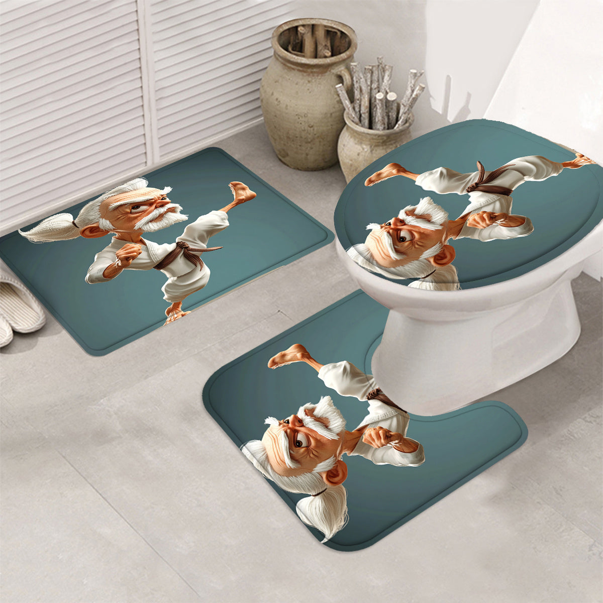1/4pcs Kung Fu Cartoon Character Printed Shower Curtain Set, Bathroom Decoration Set Includes Waterproof Shower Curtain, Non-Slip Mat, Toilet Lid, Bathroom Mat, And 12 Plastic Hooks, Bathroom Accessories, Home Decor.
