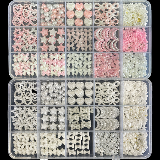 [Cute Nail Jewels] 3D Cute Nail Jewels Set 3 - White&Pink Nail Bows + Assorted Pearl Heart Star Moon Bowknot + 3D Flower Charms and Nail Pearls
