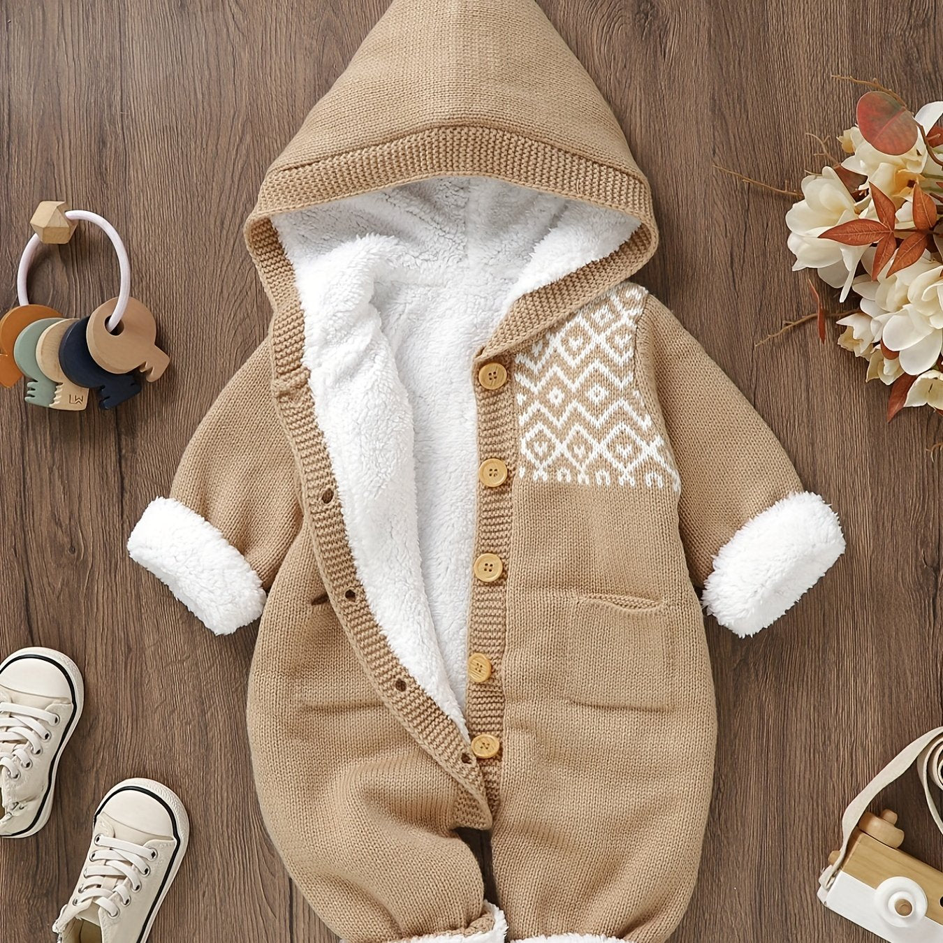 [Knit | Jumpsuit] Long Sleeve Hooded Newborn Boys And Girls Knitted Jumpsuit With Pants