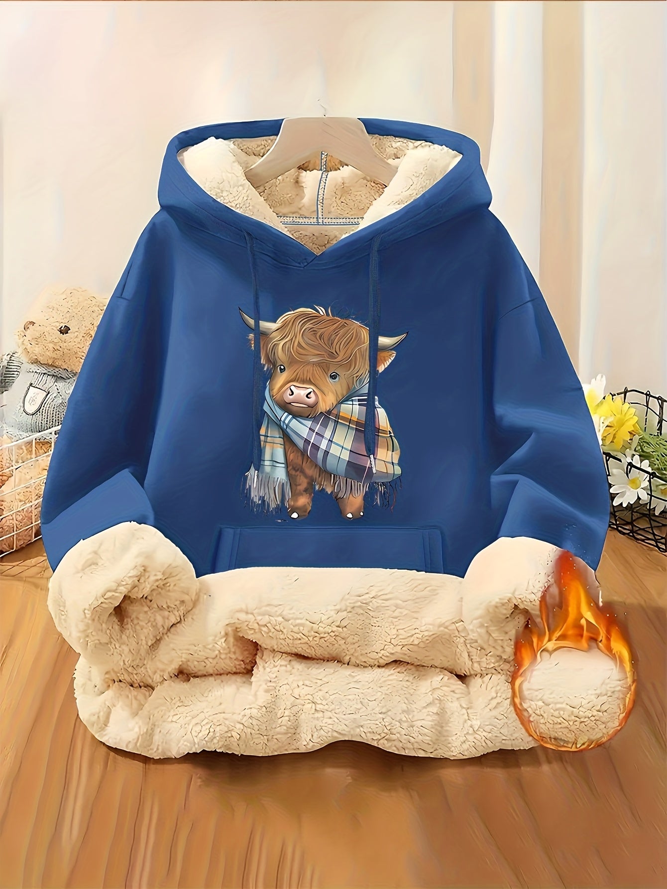 Women's Highland Cow Print Fleece Hooded Sweater - Thickened Winter Warmth, Cozy Plush Lining, Casual Retro Pullover with Pocket, Pink Scottish Cow Design, Sizes XS-XXL (Machine Washable) for Spring, Fall & Winter Layering