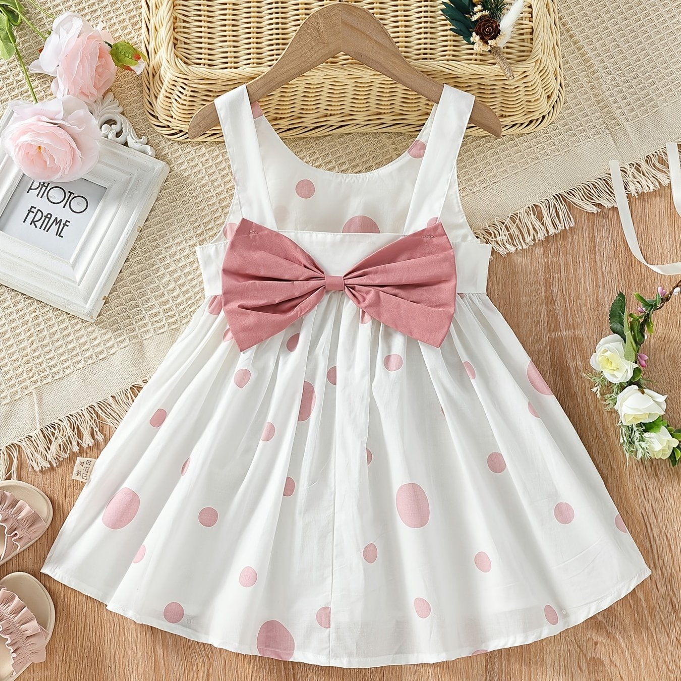Girls' White Spaghetti Strap Dress with Red Polka Dots And Bow Decoration, a Cute Summer Outfit