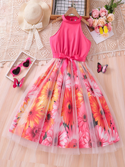 [Elegant Dress] Elegant Summer Party | Girls Splicing Flower Graphic Halter Neck Mesh Dress Tutu Dress | Gift