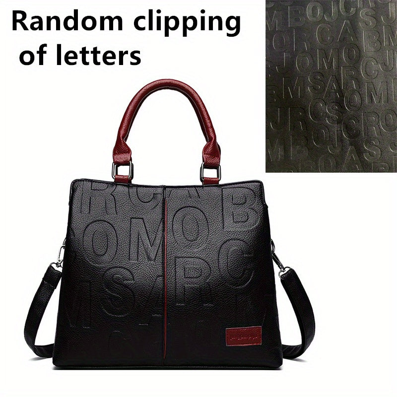 Chic Solid Color Letter-Embossed Handbag – Versatile, Foldable, Secure Zip & Removable Strap, Polyester-Lined for Daily Elegance (8.4x8.6x3.5) Inch