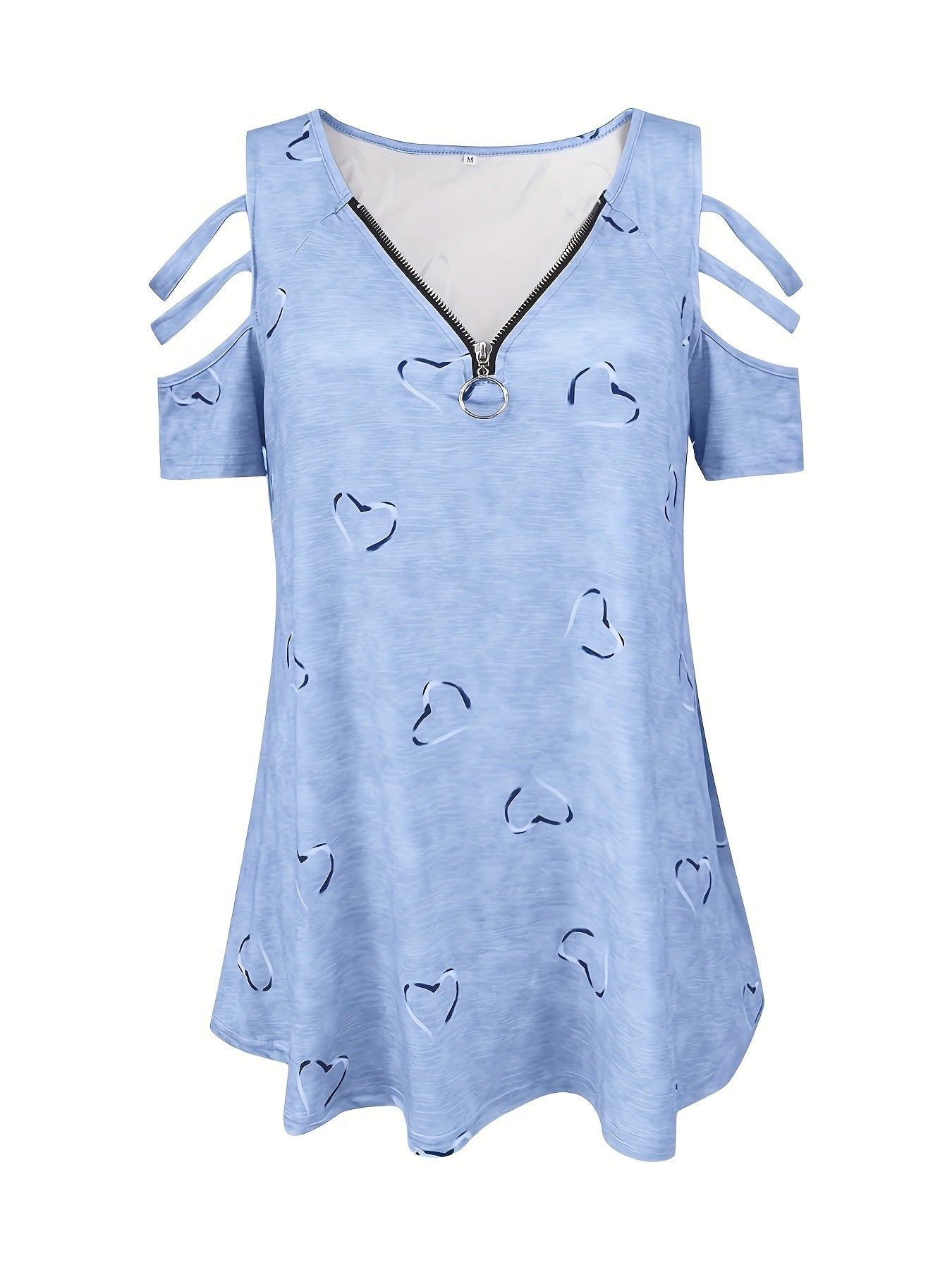 Heart Print Cut Out T-Shirt, Zipper V Neck Short Sleeve T-Shirt, Casual Every Day Tops, Women's Clothing
