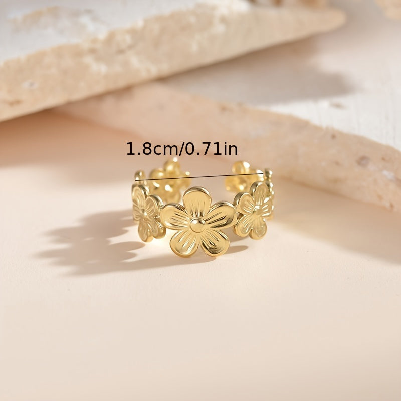 Fashion Stainless Steel Golden Flower Open Ring, Adjustable Rings, Girls Cute Hand Jewelry