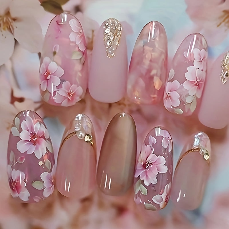 24pcs Cat Eye Press On Nails, Fake Nails with Peach Flower Design, Medium Square Shape False Nails for Women Girls