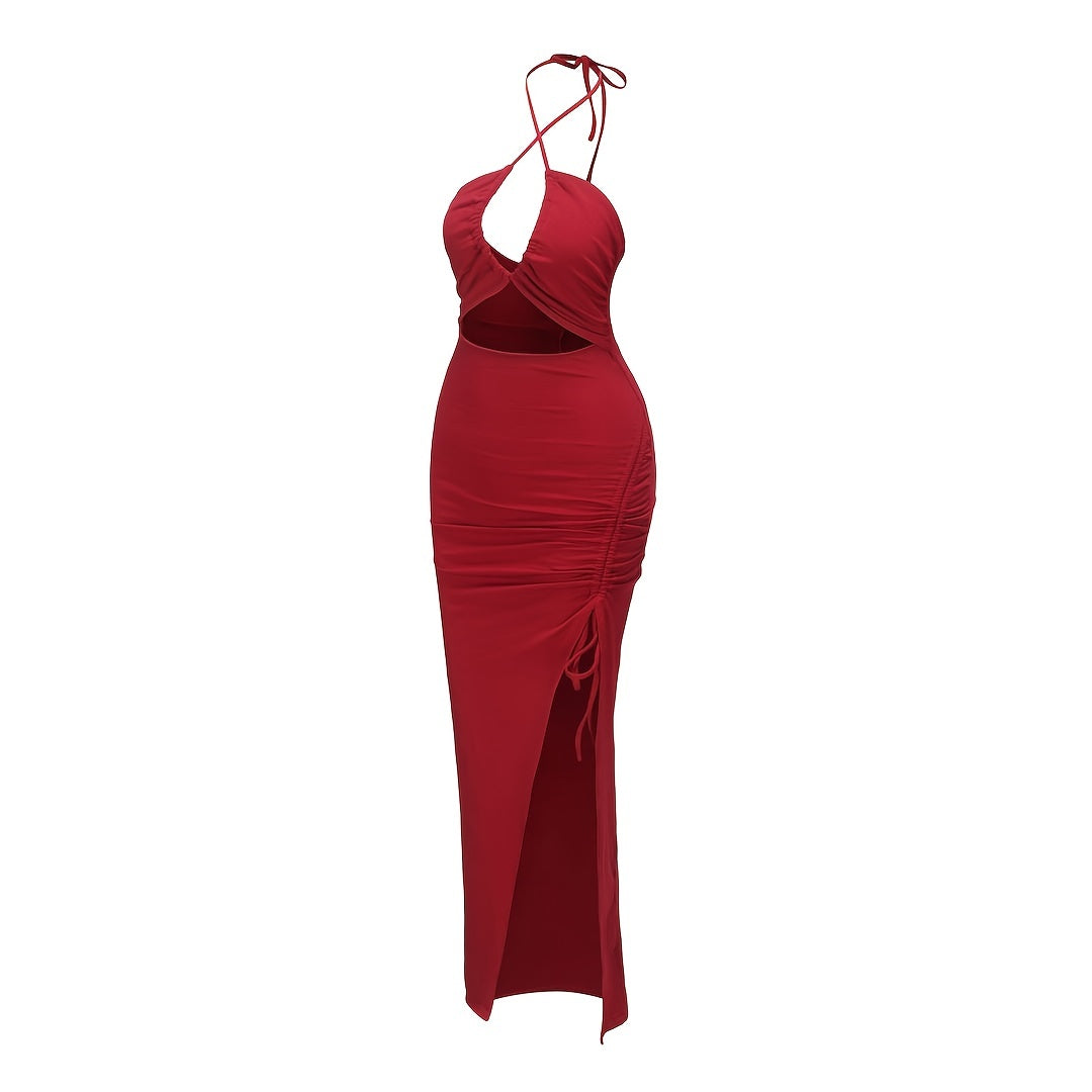 Solid Ruffled Split Off Shoulder Dress, Nightclub Sexy Bag Hip Drawstring Slim Dress, Women's Clothing
