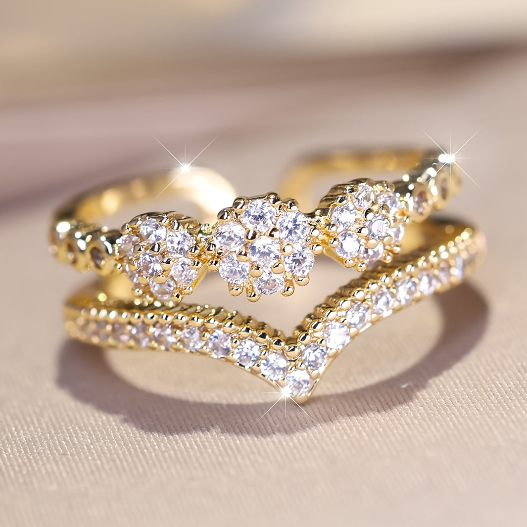 ANGOL'S Elegant Boho Double V-Cut Ring with Adjustable Trim - Luxurious Golden-Tone Zirconia Inlay, Perfect for Parties & Daily Wear, Adjustable Ring|Elegant Boho Ring|Cubic Zirconia Ring, Angel Jewelry