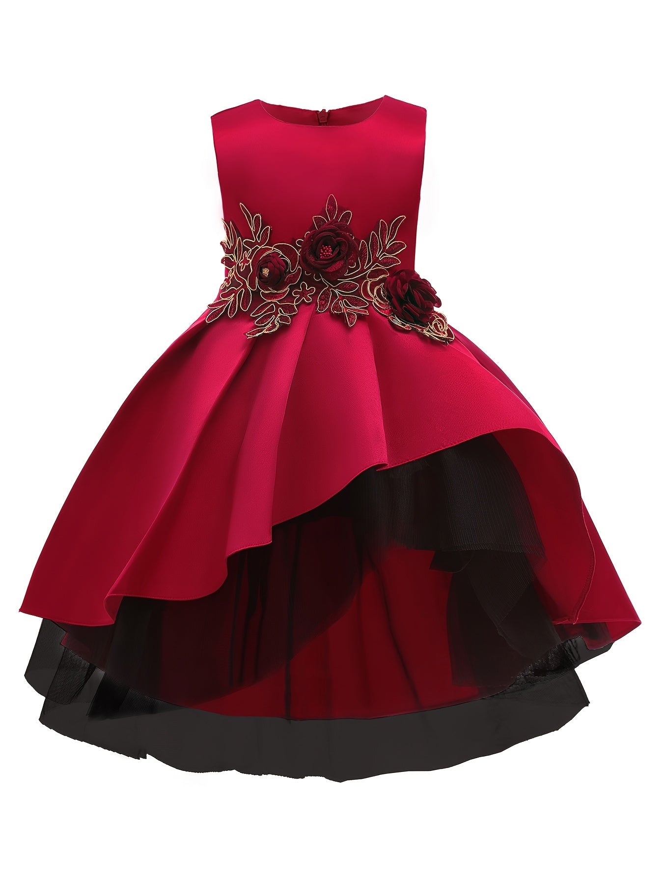 Elegant Red Embroidered Mesh Princess Dress for Girls 4-12 - Perfect for Piano Performances & Flower Girl Duties, Knee-Length with Umbrella Hem