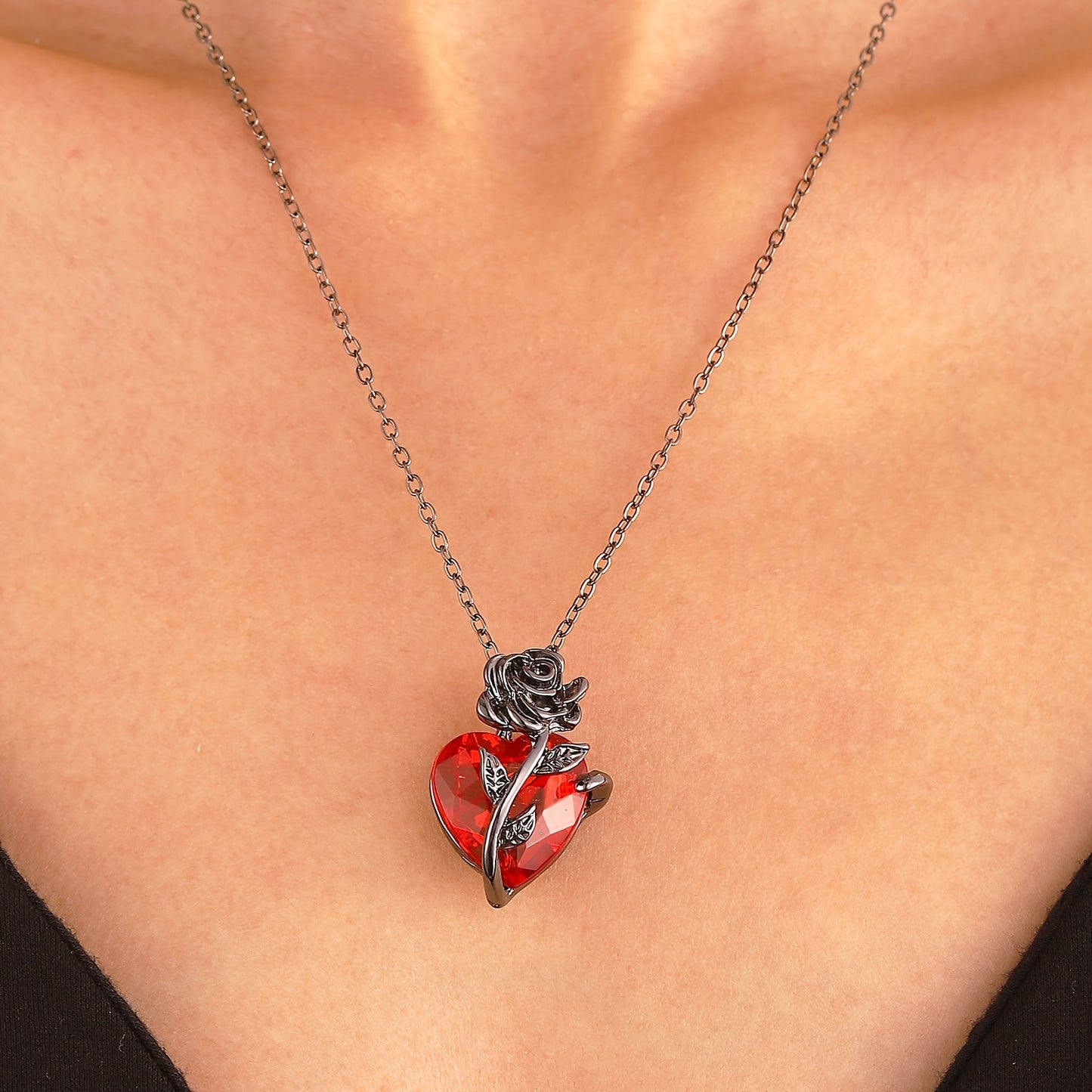 Elegant & Punk Style, Black Rose Shape With Red Heart Faux Diamond Pendant Necklace, Vintage & Delicate Twisted Flower Collarbone Chain, Valentine's Day Accessory