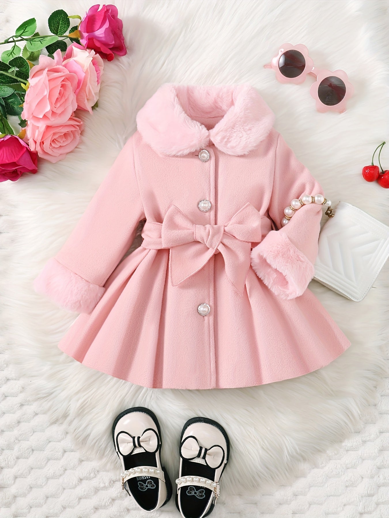 Fashionable And Versatile Coat for Baby Girls in Autumn And Winter, a Perfect Mother'S Day Gift. Adorable Plush Coat with a Bow And Collar, Designed for a Sweet Princess Look. Soft And Comfortable Outerwear to Keep Baby Warm