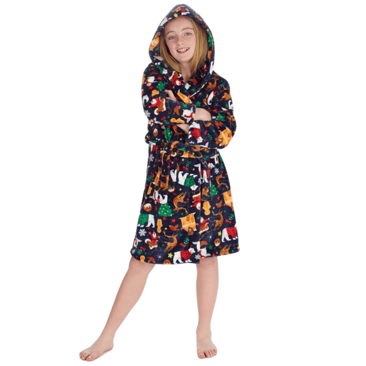 Childrens Christmas Design Dressing Gown - Navy