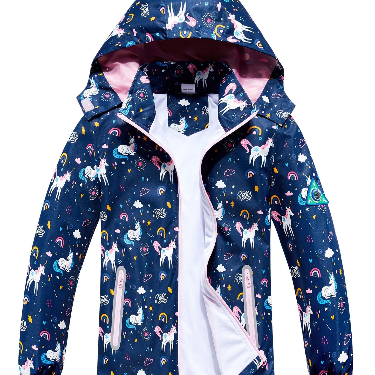Girls' Unicorn Jacket - Lightweight Windproof Hooded Outerwear with Removable Hood, Pastel Rainbow & Clouds Design, Zip-Up Front, Long Sleeves, and Pockets for Spring/Fall Casual Wear, Unicorn Clothes, Playful Kids Fashion, D
