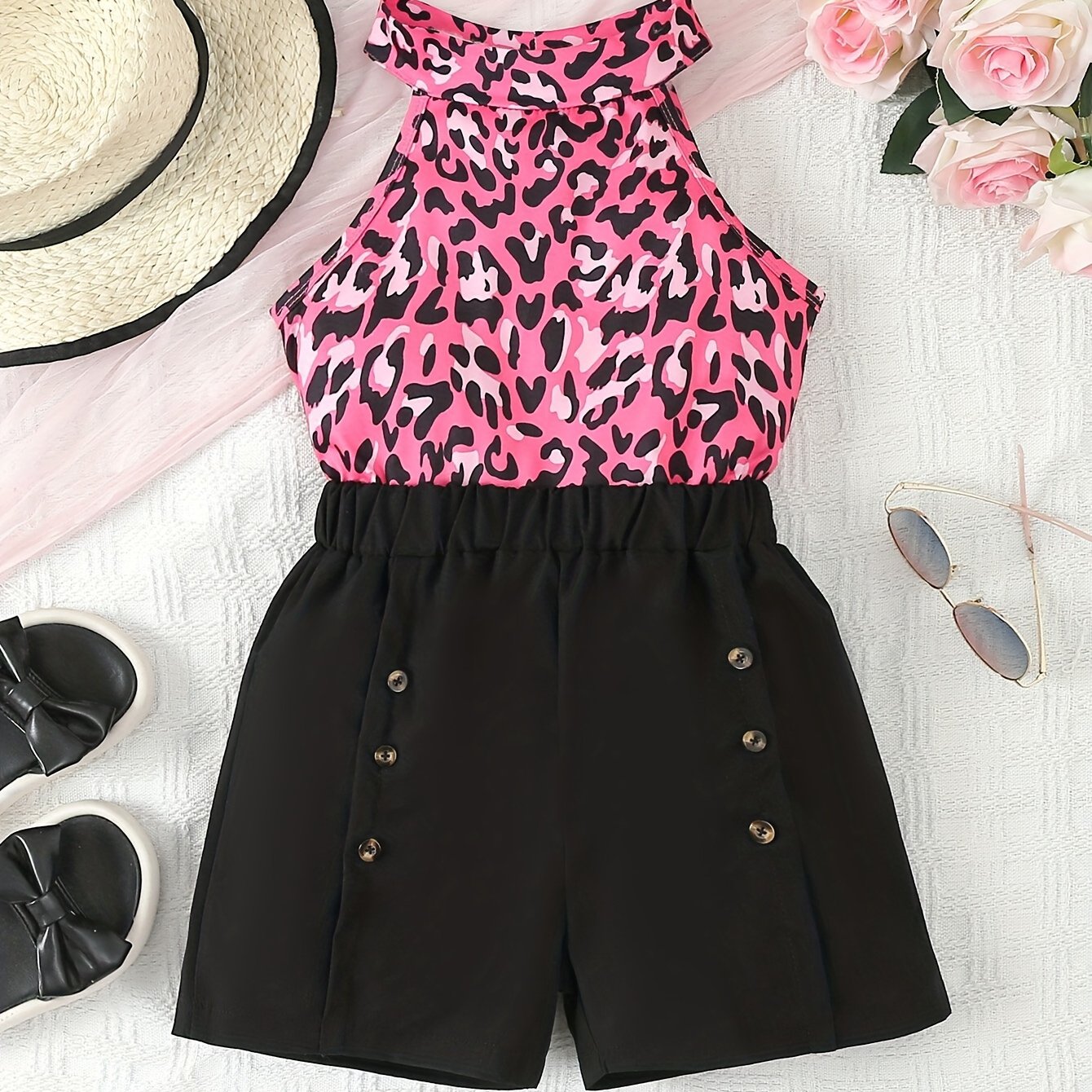 Sweet Girls 2pcs Flower Print Halter Neck Sleeveless Top + Shorts Set Summer Outdoor Clothes Gift