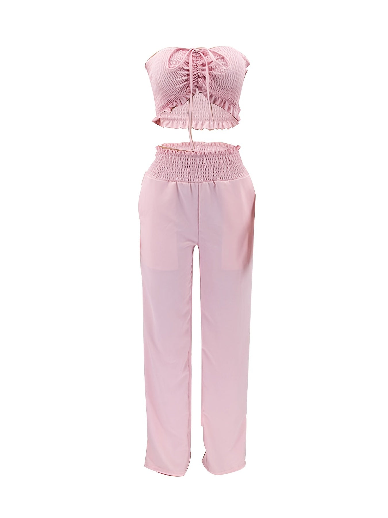 Autumn Style Two-Piece Set for Women Featuring a Fashionable Bow-Tie Design And Strapless Cover-Up, This Outfit Is Adorned with a Stylish Pink Polyester Two-Piece Set HN033.
