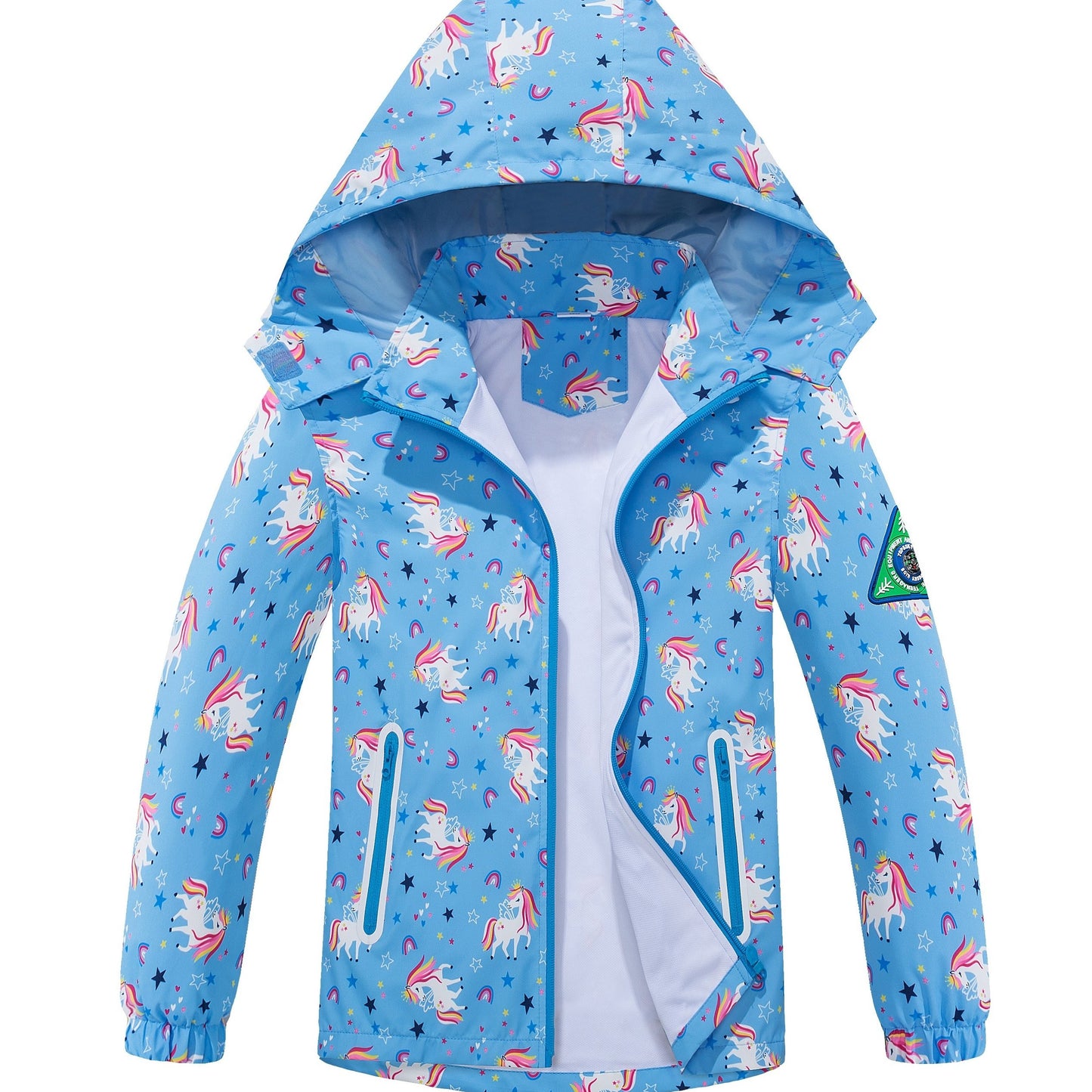 Girls' Unicorn Jacket - Lightweight Windproof Hooded Outerwear with Removable Hood, Pastel Rainbow & Clouds Design, Zip-Up Front, Long Sleeves, and Pockets for Spring/Fall Casual Wear, Unicorn Clothes, Playful Kids Fashion, D