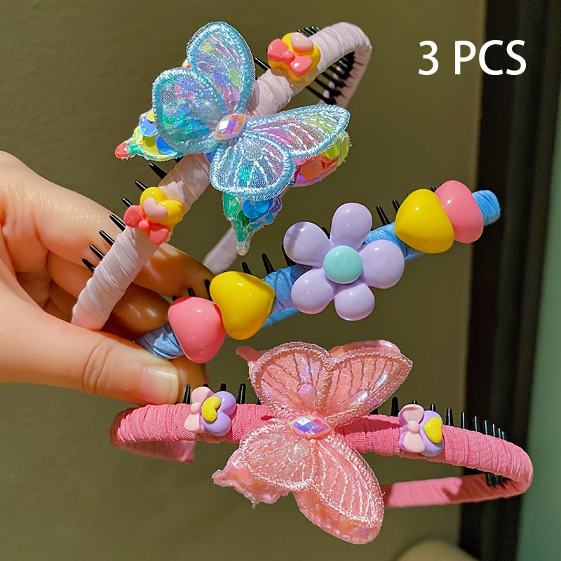 LEMON LOVEO 3pcs Sweet Butterfly & Flower Hairbands - Non-Slip, Colorful Resin & Fabric, All-Season Versatility for Girls