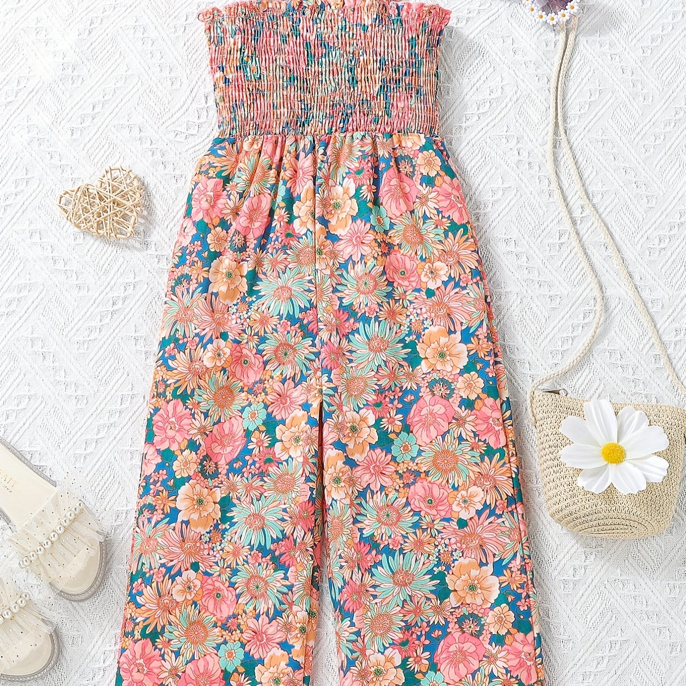 [Boho Flower Jumpsuit] Boho Flower Print Girls Shirred Cami Jumpsuit | For Going Out Party Holiday Kids Summer Clothes